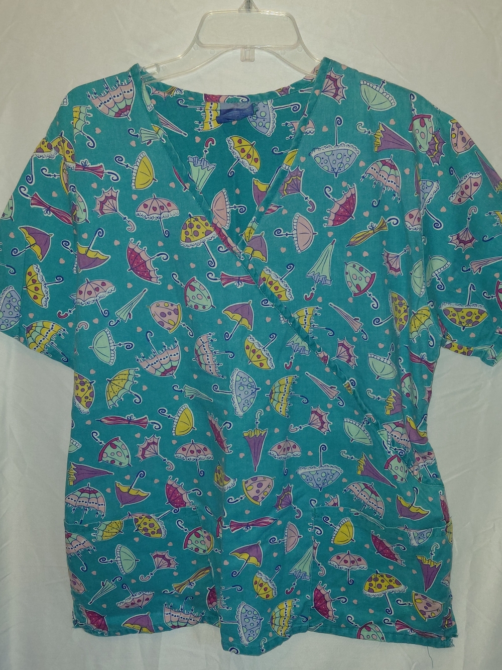 Women’s Teal Umbrella-Print Short Sleeve Scrub Top #2418